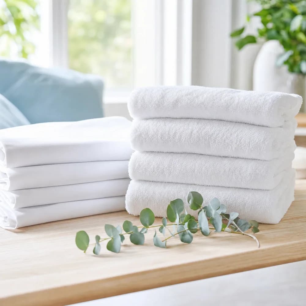 Neatly folded fresh white towels and crisp laundered linen